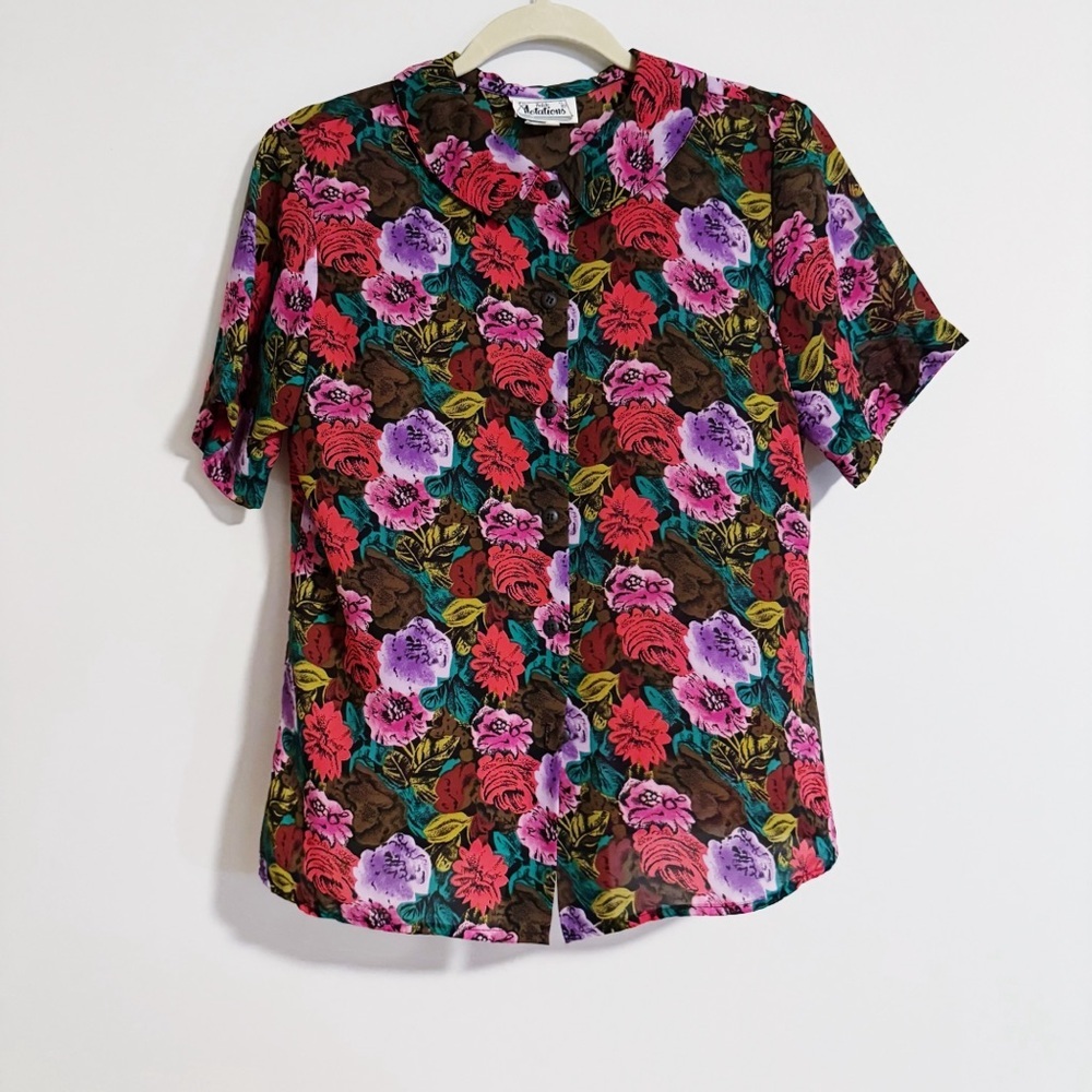 Petite Notations - Vintage Floral Print Collared Sleeve Top